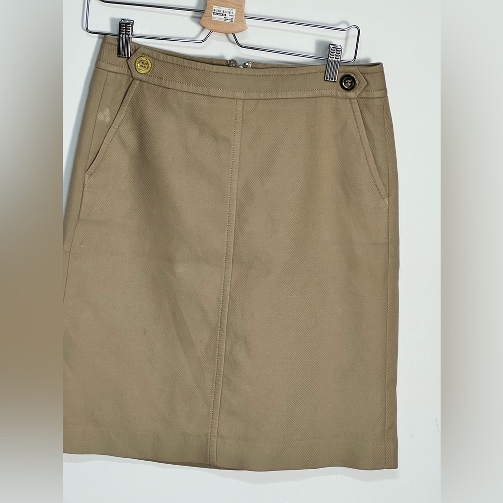 TALBOTS Tan textured Gold Waist buttons Pencil Skirt Size 6 Lined
